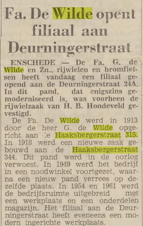 Haaksbergerstraat 315 Fa. de Wilde krantenbericht Tubantia 31-5-1967.jpg