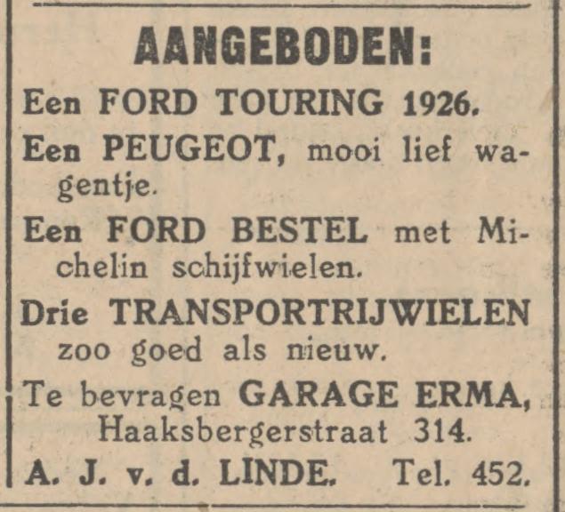 Haaksbergerstraat 314 A.J. van der Linde Garage Erma advertentie Tubantia 28-2-1930.jpg