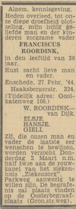 Haaksbergerstraat 324 Franciscus Roordink overlijdensadvertentie 28-2-1944.jpg