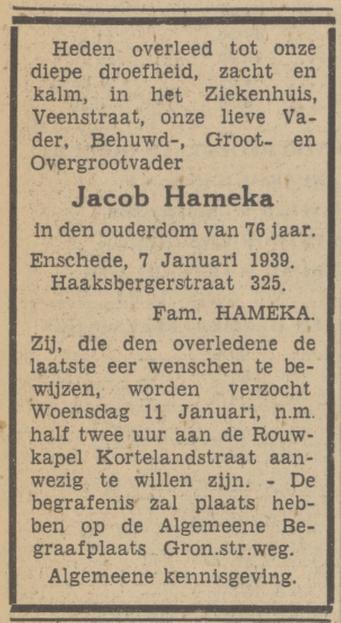 Haaksbergerstraat 325 Jacob Hameka overlijdensadvertentie Tubantia 9-1-1939.jpg