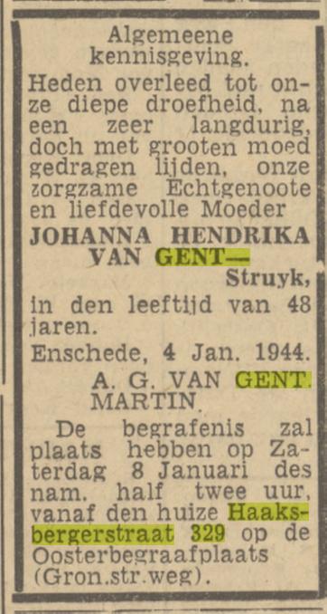 Haaksbergerstraat 329 J.H. van Gent-Sruyk overlijdensadvertentie Twentsch nieuwsblad 6-1-1944.jpg