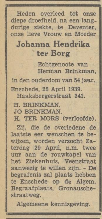 Haaksbergerstraat 341 J.H. Brinkman-ter Borg overlijdensadvertentie Tubantia 27-4-1939.jpg