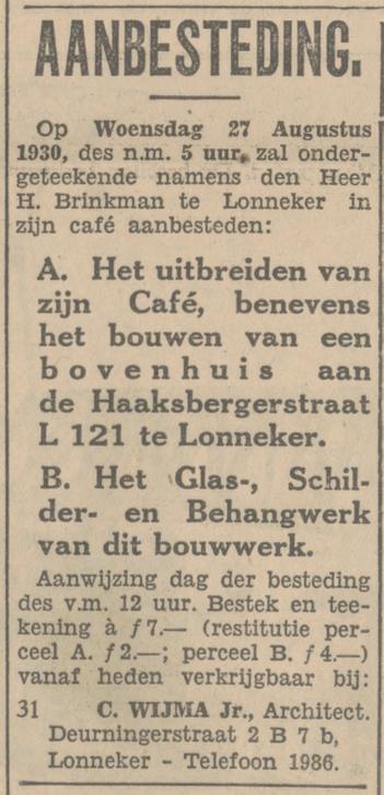 Haaksbergerstraat 341 eerder L 121 cafe H. Brinkman advertentie Tubantia 23-8-1930.jpg
