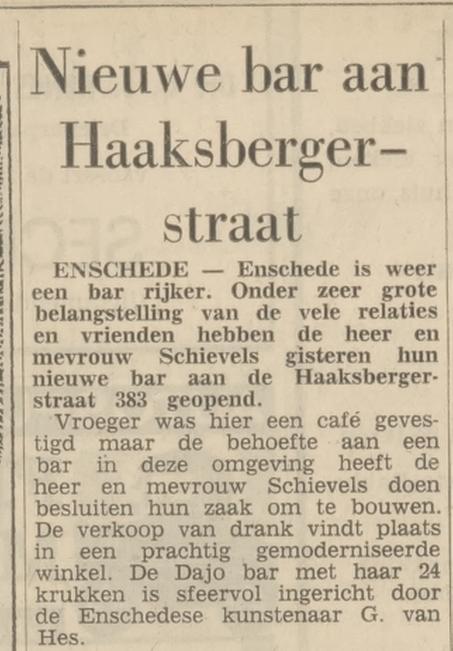 Haaksbergerstraat 383 Dajo Bar voorheen cafe Schievels krantenbericht Tubantia 9-7-1966.jpg