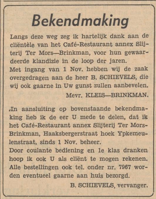 Haaksbergerstraat 341 hoek Ypkemeulestraat cafe restaurant slijterij Ter Mors-Brinkman advertentie Tubantia 13-11-1956.jpg