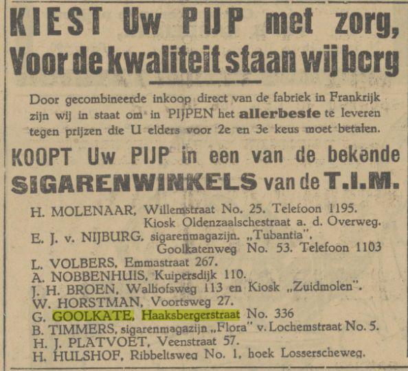 Haaksbergerstraat 336 G. Goolkate sigarenwinkel advertentie Tubantia 12-4-1927.jpg