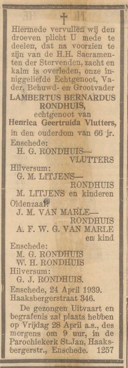 Haaksbergerstraat 346 L.B. Rondhuis overlijdensadvertentie Nieuwe Hengelosche courant 26-4-1939.jpg