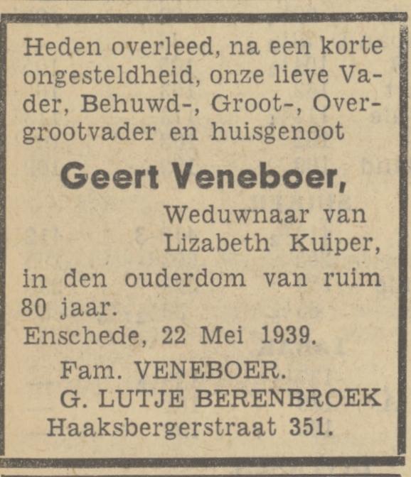 Haaksbergerstraat 351 G. Veneboer overlijdensadvertentie Tubantia 23-5-1939.jpg