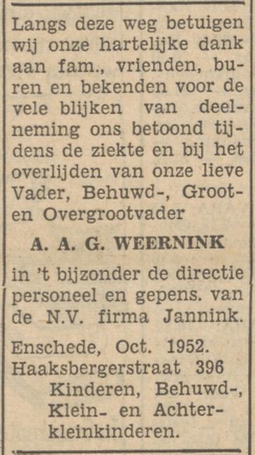 Haaksbergerstraat 398 A.A.G. Weernink advertentie Tubantia 25-10-1952.jpg