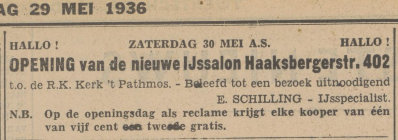 Haaksbergerstraat 402 ijssalon E. Schilling advertentie Tubantia 29-5-1936.jpg