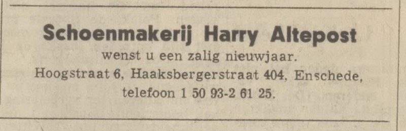 Haaksbergerstraat 404 schoenmakerij Harry Altepost advertentie Tubantia 31-12-1969.jpg