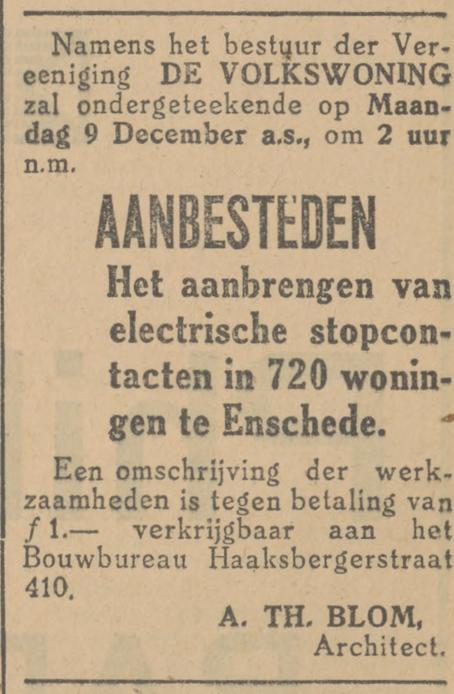 Haaksbergerstraat 410 Bouwbureau Vereniging De Volkswoning A.Th. Blom advertentie 2-12-1929.jpg
