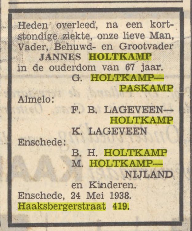 Haaksbergerstraat 419 Jannes Holtkamp overlijdensadvertentie Zaans volksblad 27-5-1931.jpg
