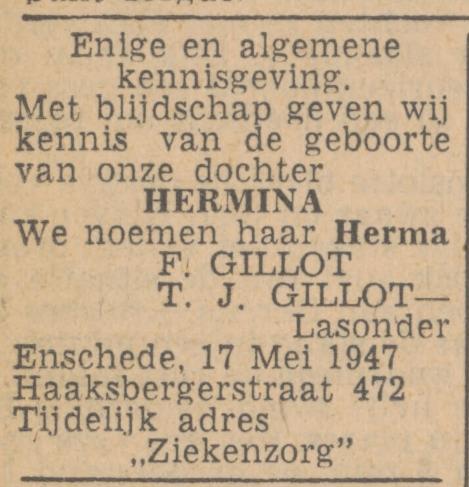Haaksbergerstraat 472 F. Gillot advertentie Tubantia 19-5-1947.jpg