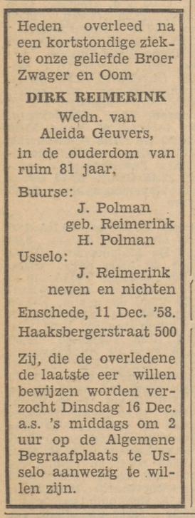 Haaksbergerstraat 500 Dirk Brinkman overlijdensadvertentie Tubantia 13-12-1958.jpg