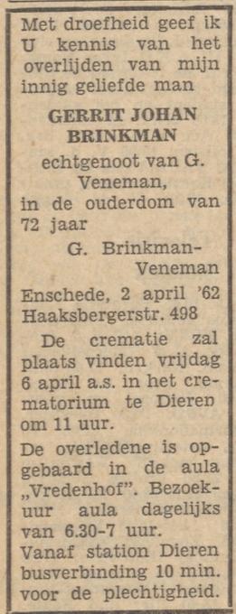 Haaksbergerstraat 498 G.J. Brinkman overlijdensadvertentie Tubantia 3-4-1962.jpg