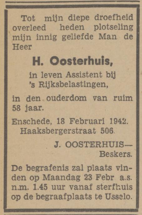 Haaksbergerstraat 506 H. Oosterhuis overlijdensadvertentie Tubantia 20-2-1942.jpg