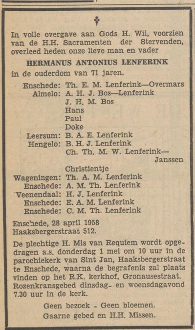 Haaksbergerstraat 512 H.A. Lenferink overlijdensadvertentie Tubantia 29-4-1958.jpg