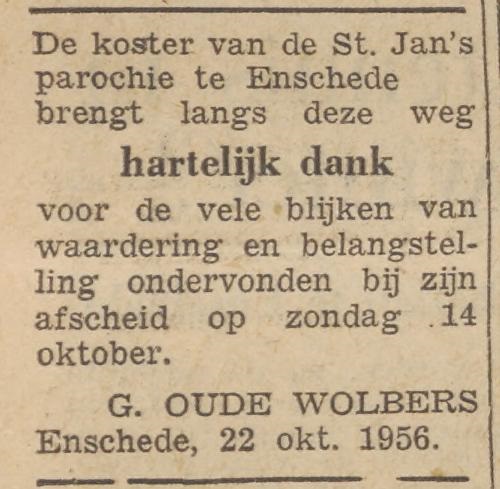 Haaksbergerstraat G. Oude Wolbers koster St. Jan's paroche advertentie Twentsche courant 22-10-1956.jpg
