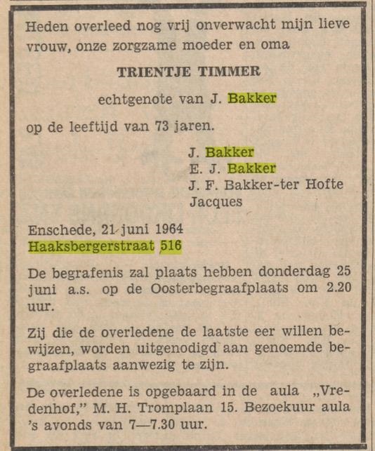 Haaksbergerstraat 516 T. Bakker-Timmer overlijdensadvertentie Tubantia 23-6-1964.jpg