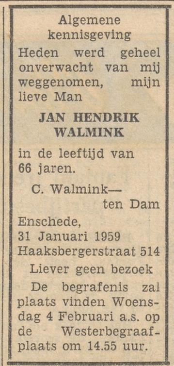 Haaksbergerstraat 514 J.H. Walmink overlijdensadvertentie Tubantia 2-2-1959.jpg