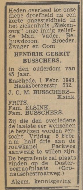 Haaksbergerstraat 532 H.G. Busschers overlijdensadvertentie Tubantia 3-2-1943.jpg