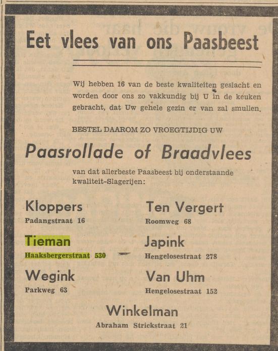 Haaksbergerstraat 530 Slagerij Tieman advertentie Tubantia 25-3-1959.jpg