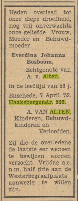 Haaksbergerstraat 536 E.J. van Alten-Bosboom overlijdensadvertentie Tubantia 8-4-1952.jpg
