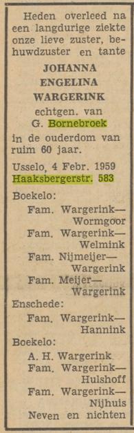 Haaksbergerstraat 583 J.E. Bornebroek-Wargerink overlijdensadvertentie Tubantia 6-2-1959.jpg