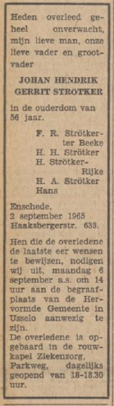 Haaksbergerstraat 633 J.H.G. Stròtker overlijdensadvertentie Tubantia 3-9-1965.jpg