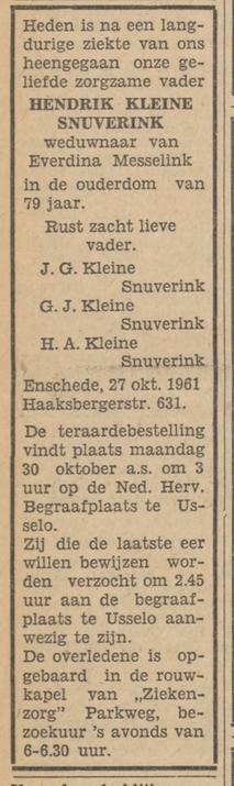 Haaksbergerstraat 631 Hendrik Kleine Snuverink overlijdensadvertentie Tubantia 28-10-1961.jpg