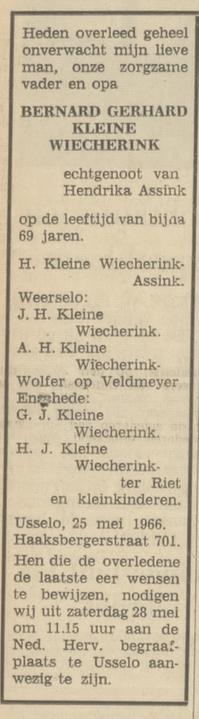 Haaksbergerstraat 701 B.G. Kleine Wiecherink overlijdensadvertentie Tubantia 26-5-1966.jpg