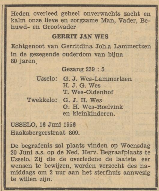 Haaksbergerstraat 809 G.J. Wes overlijdensadvertentie Tubantia 18-6-1956.jpg