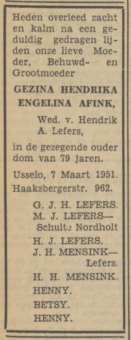 Haaksbergerstraat 962 Wed. G.H.E. Lefers-Afink overlijdensadvertentie Tubantia 7-3-1961.jpg
