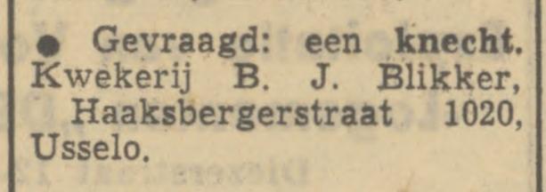 Haaksbergerstraat 1020 Usselo kwekerij B.J. Blikker advertentie Tubantia 9-12-1949.jpg