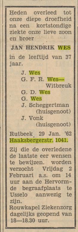 Haaksbergerstraat 1041 J.H. Wes overlijdensadvertntie Tubantia 30-1-1962.jpg