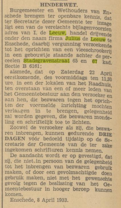 Stadsgravenstraat 65-67 Fa. Julius de Leeuw vleesrokerij krantenbericht Tubantia 11-4-1933.jpg