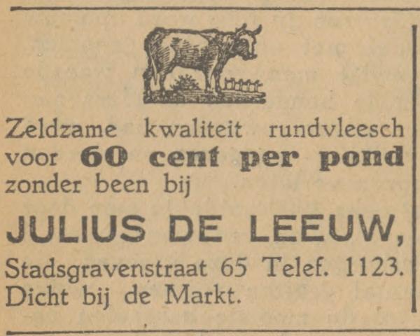 Stadsgravenstraat 65 slagerij Julius de Leeuw advertentie Tubantia 23-8-1928.jpg