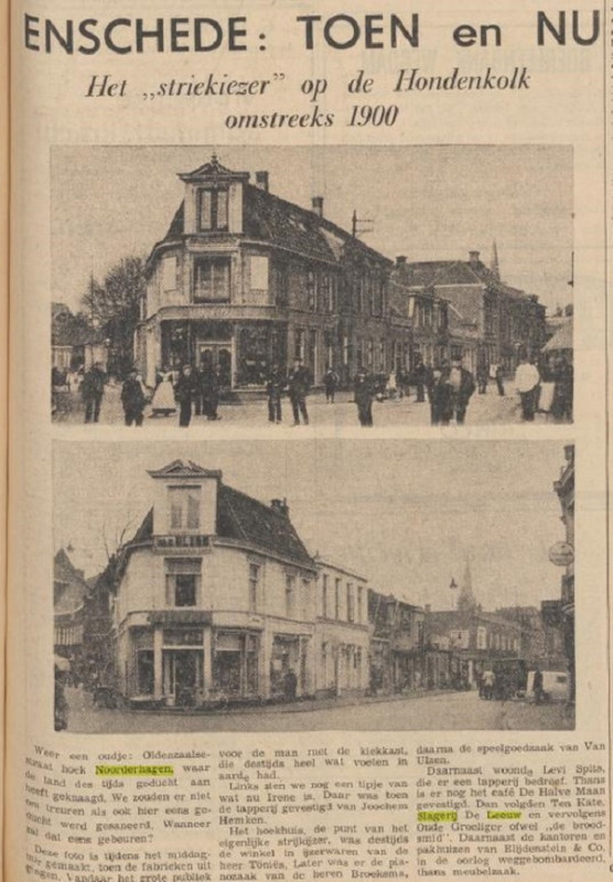 Oldenzaalsestraat 23-25 hoek Noorderhagen striekiezer Van Ulzen Speelgoed en cafe De Halve Maan daarnaast op 27 slagerij de Leeuw krantenfoto Tubantia 7-3-1959.jpg