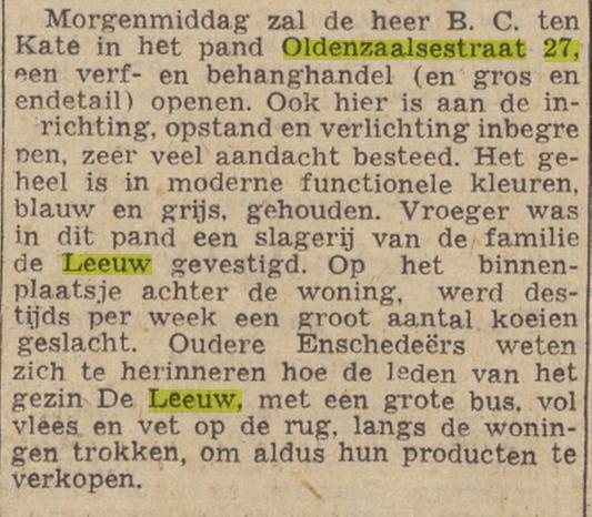Oldenzaalsestraat 27 slagerij de Leeuw krantenbericht Tubantia 14-11-1952.jpg