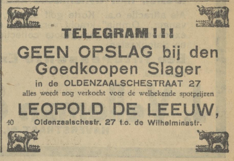 Oldenzaalsestraat 27 slagerij Leopold de Leeuw advertentie Tubantia 2-5-1929.jpg