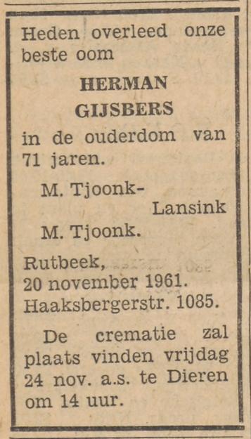 Haaksbergerstraat 1085 Rutbeek Herman Gijsbers overlijdensadvertentie Tubantia 21-11-1961.jpg