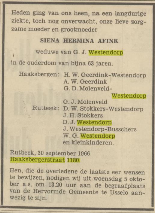 Haaksbergerstraat 1180 S.H. Westendorp-Afink overlijdensadvertentie Tubantia 1-10-1966.jpg
