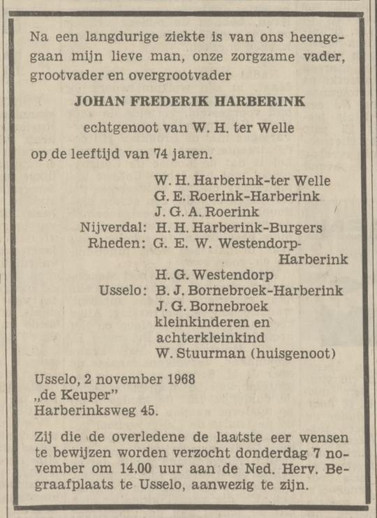 Harberinksweg 45 De Keuper Usselo J.F. Harberink overlijdensadvertentie Tubantia 4-11-1968.jpg