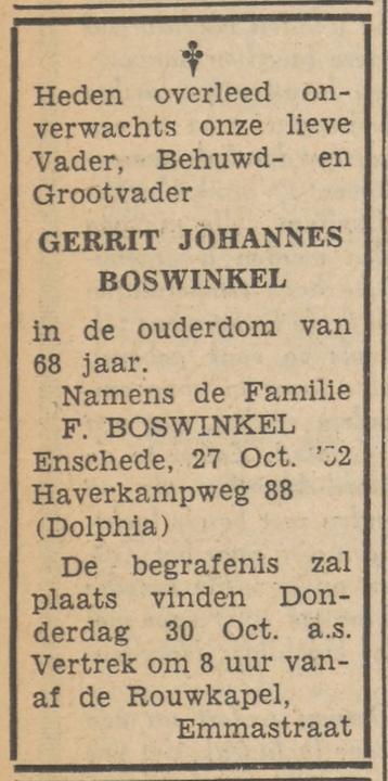Haverkampweg 88 Dolphia G.J. Boswinkel overlijdensadvertentie Tubantia 29-10-1952.jpg
