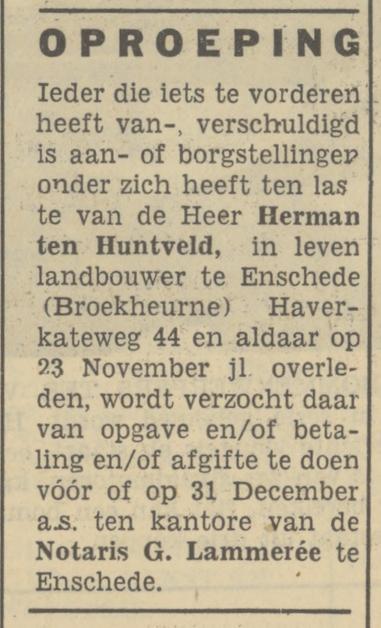 Haverkateweg 44 Broekheurne Herman ten Huntveld advertentie Tubantia 5-12-1950.jpg