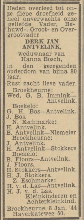 Haverkateweg 50 Broekheurne D.J. Antvelink overlijdensadvertentie Twentsch nieuwsblad 10-1-1944.jpg