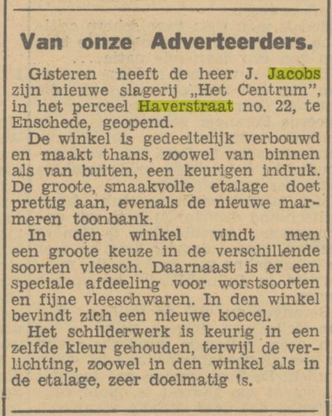 Haverstraat 22 J. Jacobs slagerij Het Centrum. krantenbericht Tubantia 6-10-1933.jpg