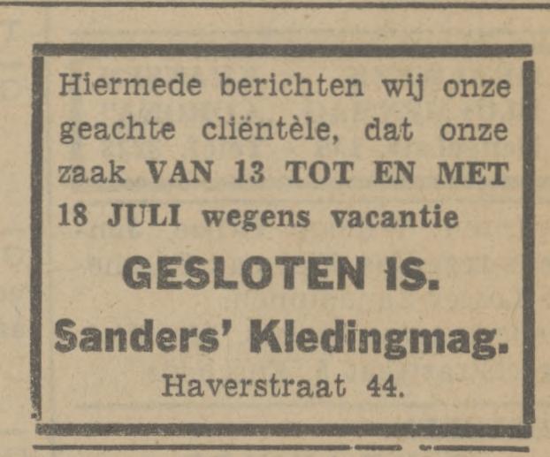 Haverstraat 44 Sanders kledingmagazijn advertentie Tubantia 11-7-1942.jpg