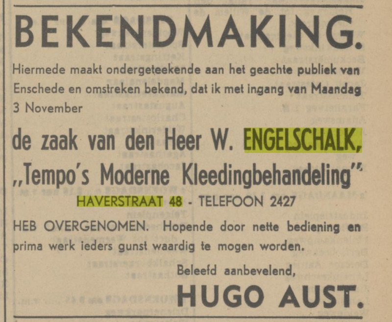 Haverstraat 48 W. Engelschalp Tempo kledingbehandeling advertentie Tubantia 1-11-1941.jpg